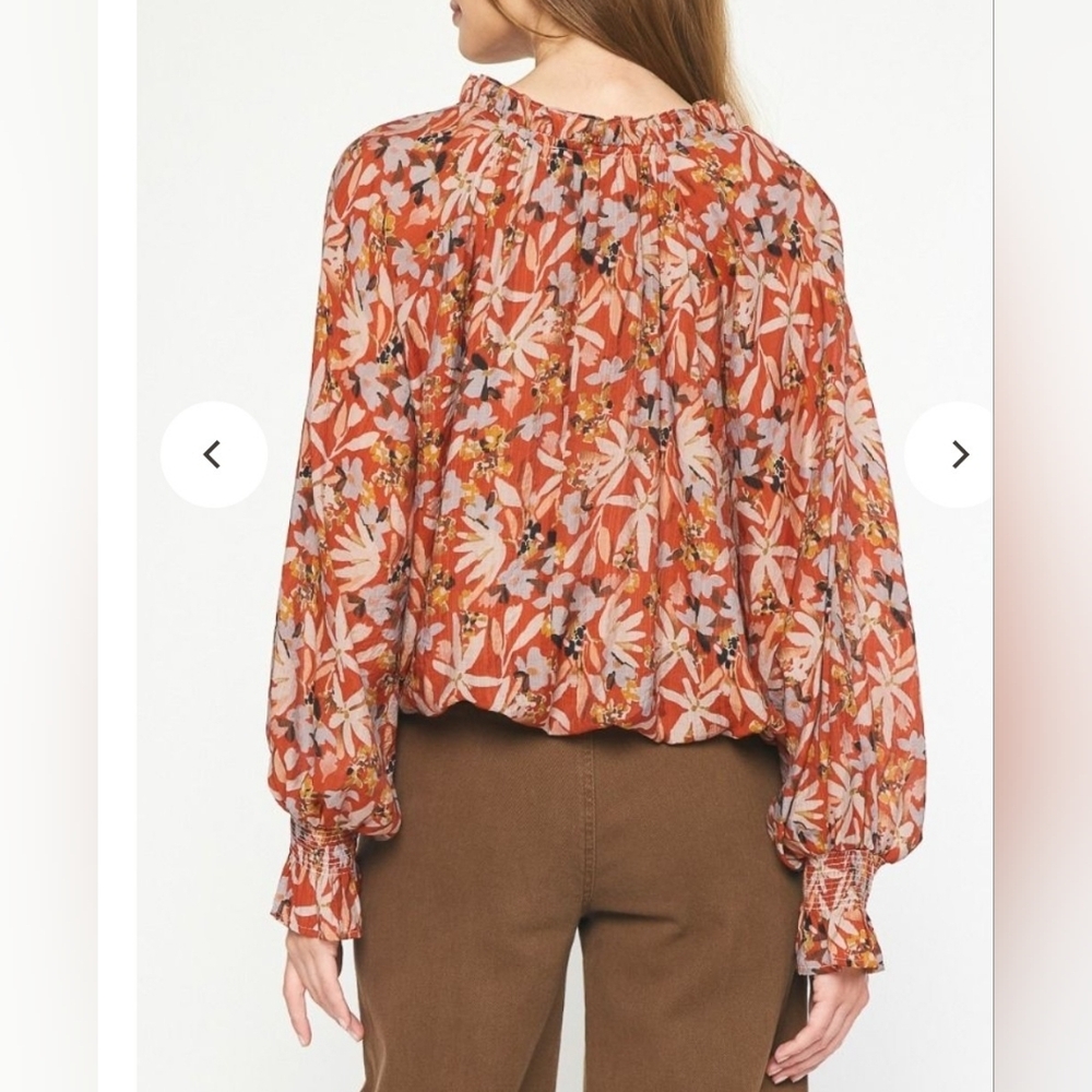 Entro Women's Floral Ruffle Balloon Sleeve Blouse Size L Color Rust Bohemian EUC - Picture 5 of 17